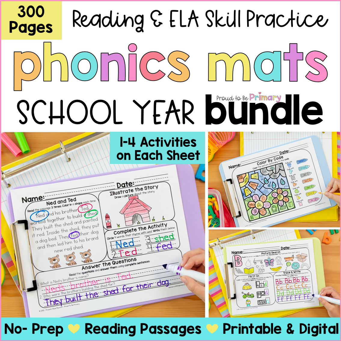 Phonics Activities Bundle - Silent E, Syllables, CVCe, Rhyming, Blends Worksheets