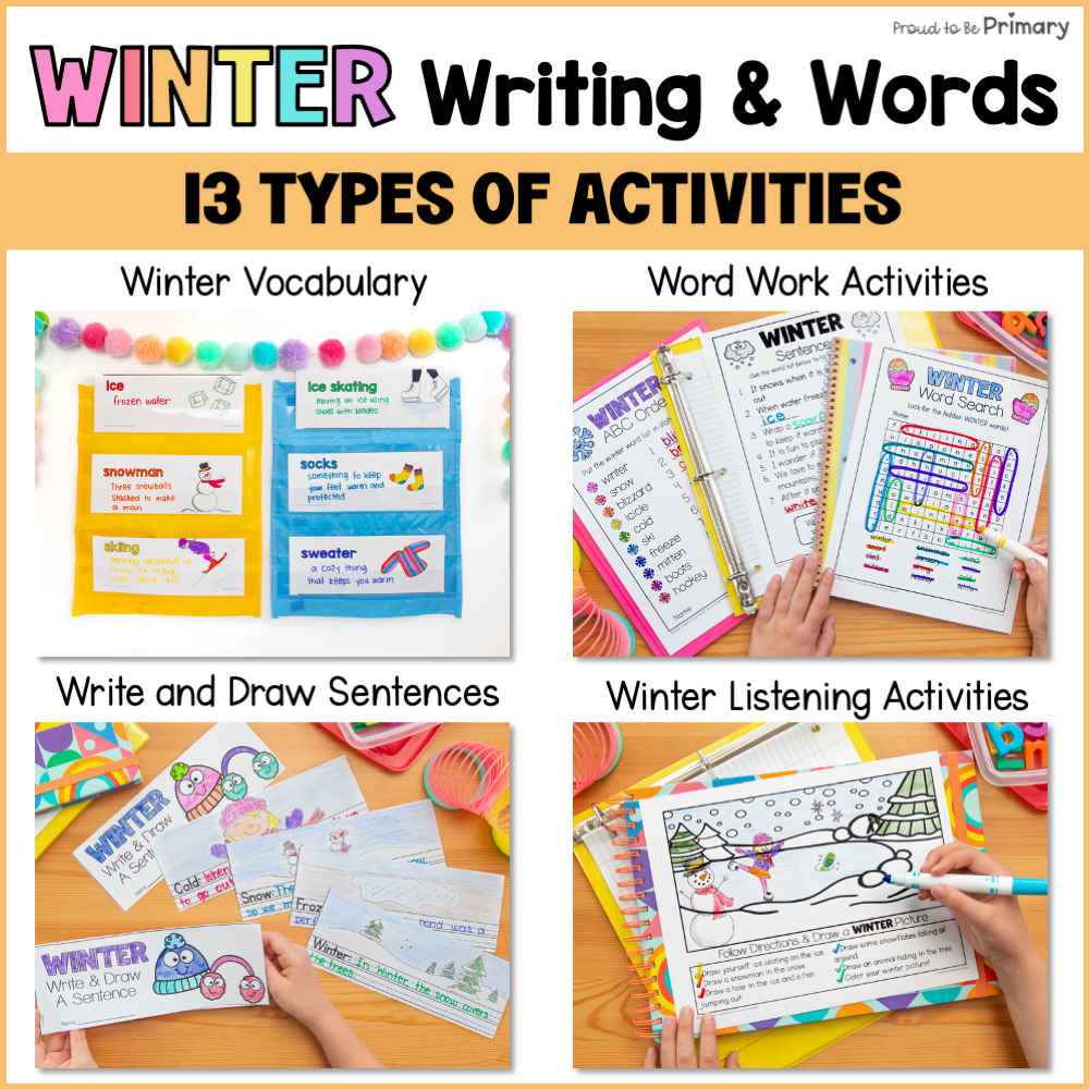 Winter New Year Writing Prompts Activities, Word Work - Opinion, Creative, Poem