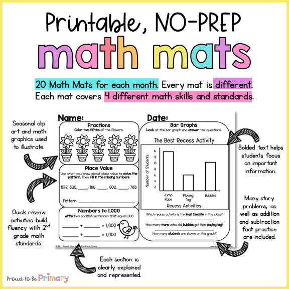 April Math Spiral Review Worksheets for 2nd Grade