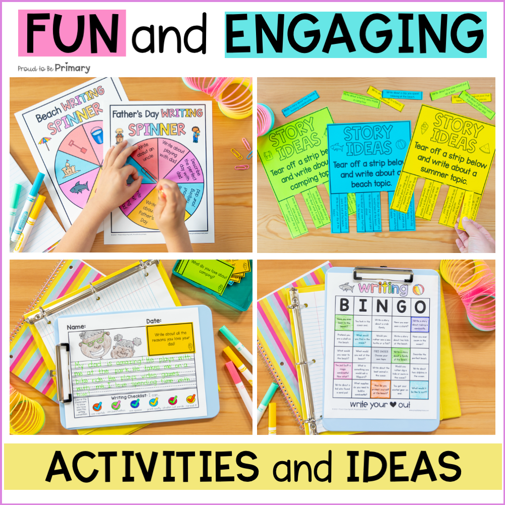 June Writing Center Activities, Posters, Prompts - Summer, Beach, Camping