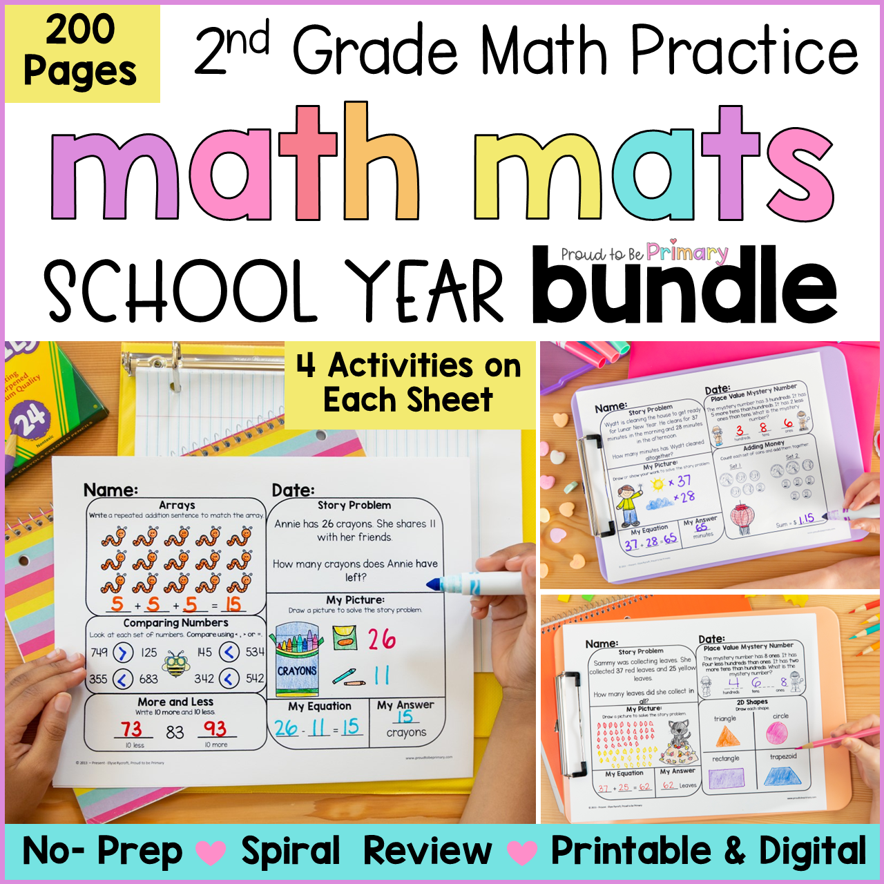 2nd Grade 2 Math Word Problems Worksheets Review Packet Assessment Hom