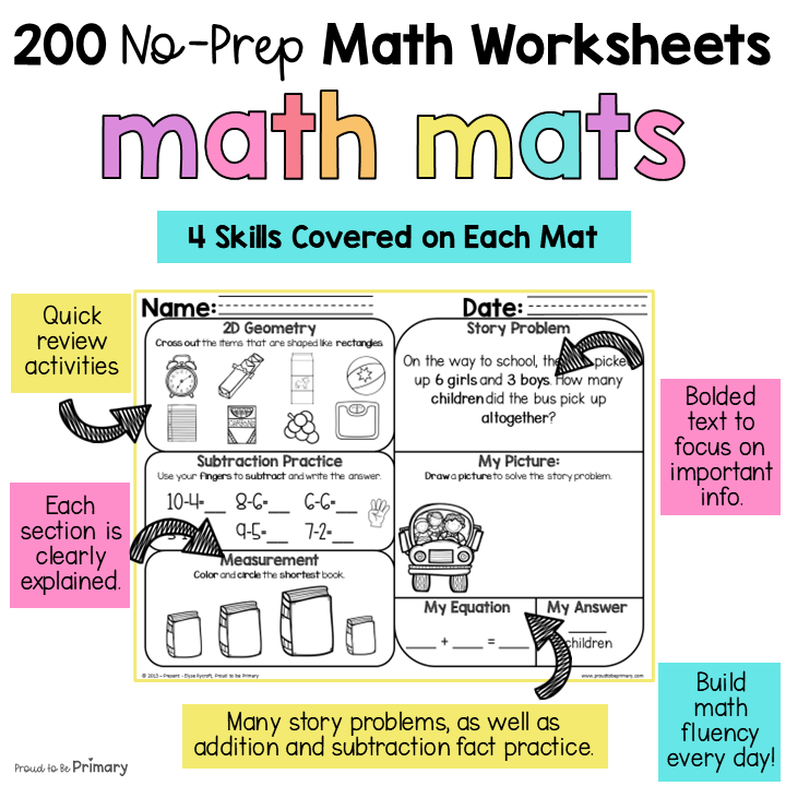 Math Review Worksheets Bundle for First Grade