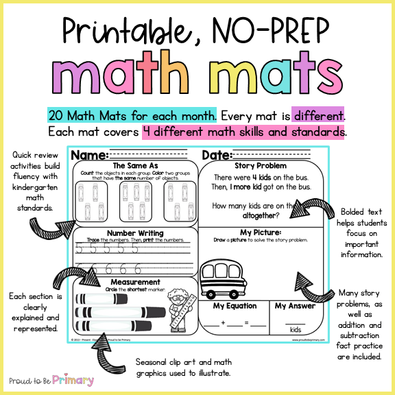 Back to School Math Spiral Review Worksheets for Kindergarten