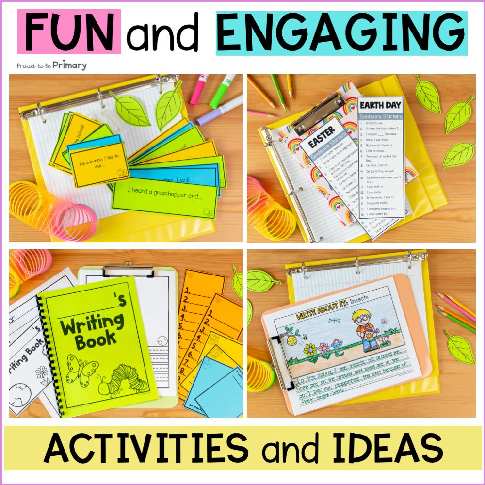 Spring Writing Center Prompts, Activities, Posters- Earth Day, Insects, Space