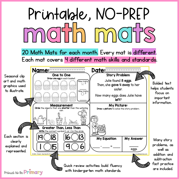 April Math Spiral Review Worksheets for Kindergarten
