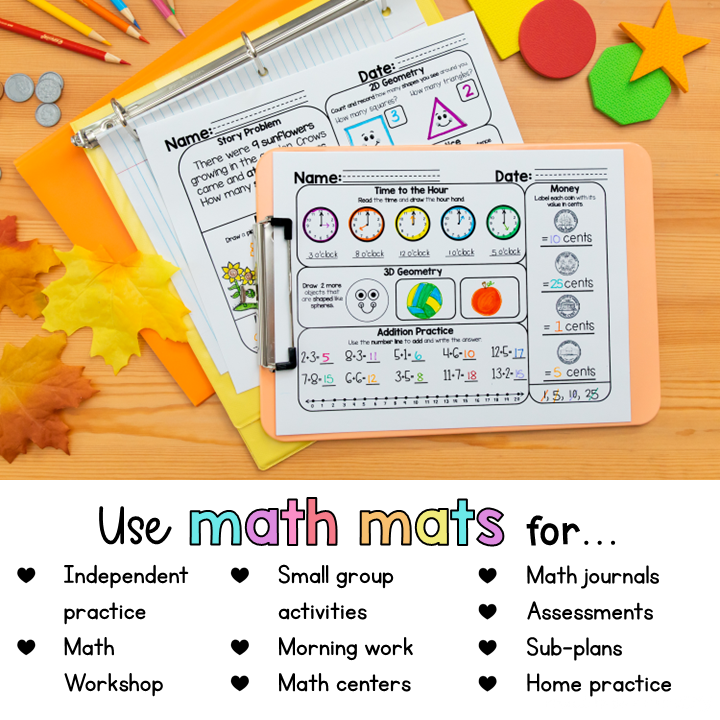 November Math Review Worksheets for First Grade