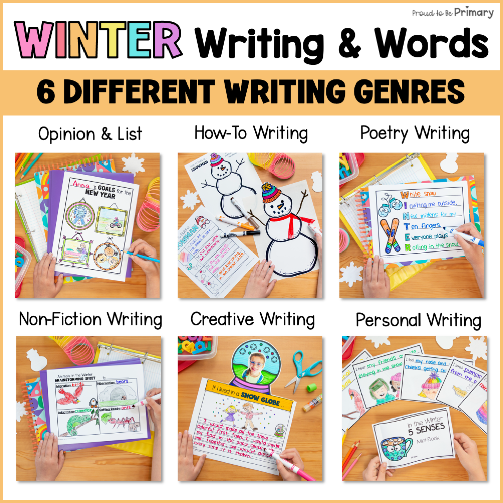 Winter New Year Writing Prompts Activities, Word Work - Opinion, Creative, Poem