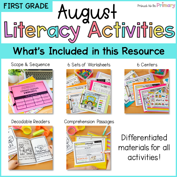 1st Grade Literacy Centers, Worksheets & Decodable Reader for Back to School
