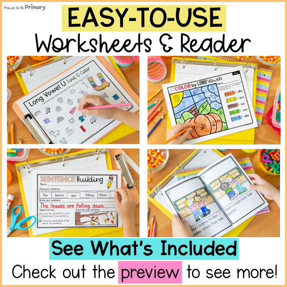 October 1st Grade Literacy Centers, Worksheets & Decodable Reader for Fall