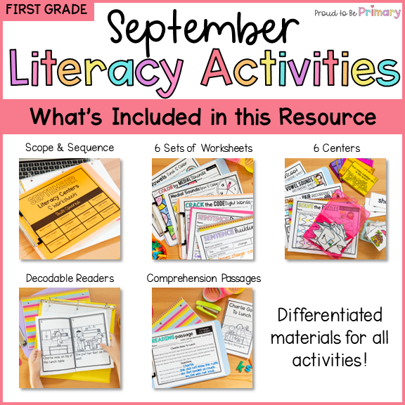 September Science of Reading Literacy Centers, 1st Grade Worksheets & CVC Reader