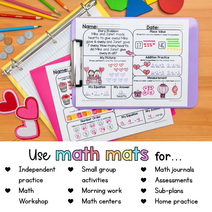 February Math Review Worksheets for First Grade