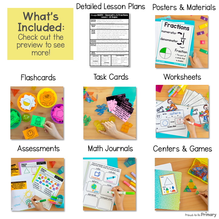 Geometry 2D Shapes and 3D Solids & Fractions - First Grade Mindful Math