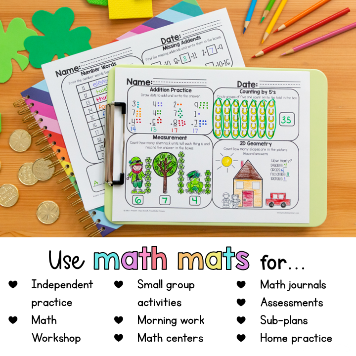 March Math Review Worksheets for First Grade