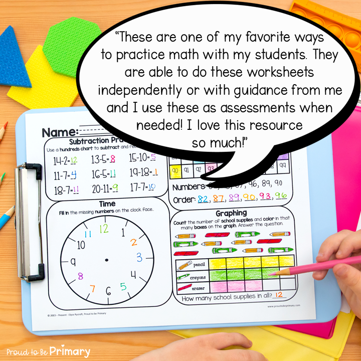 Math Review Worksheets Bundle for First Grade