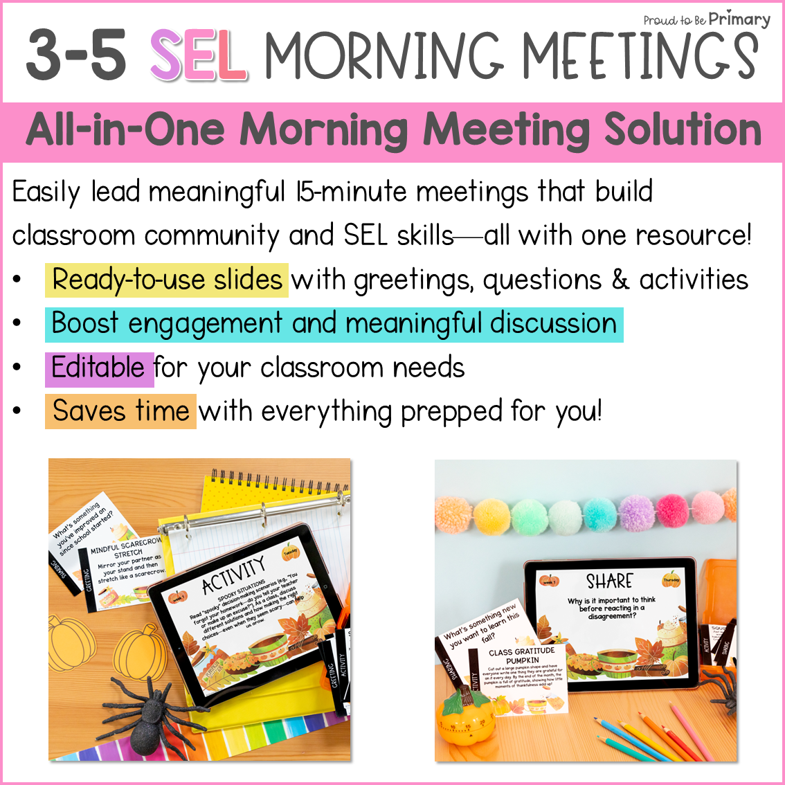 October Halloween SEL Good Morning Meeting Slides Activities Greetings 3-5