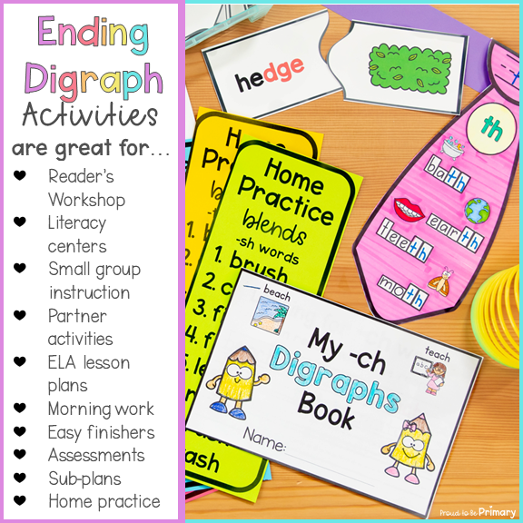 Ending Digraph Activities, Worksheets, Centers & Posters: ch, th, sh, ck, tch