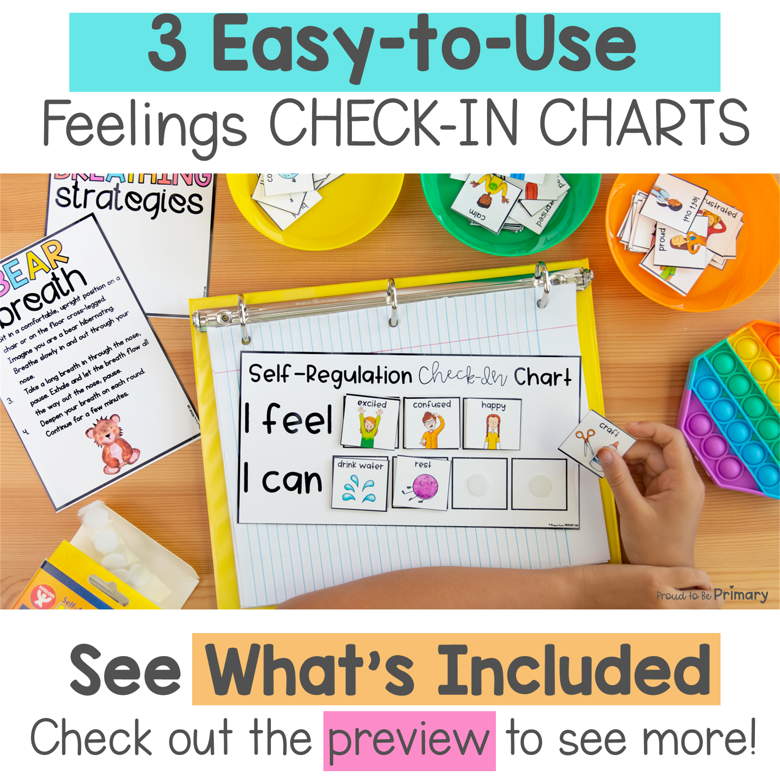 Calm Down Corner Kit - Feelings Chart, Calming Strategies, Breathing Visuals