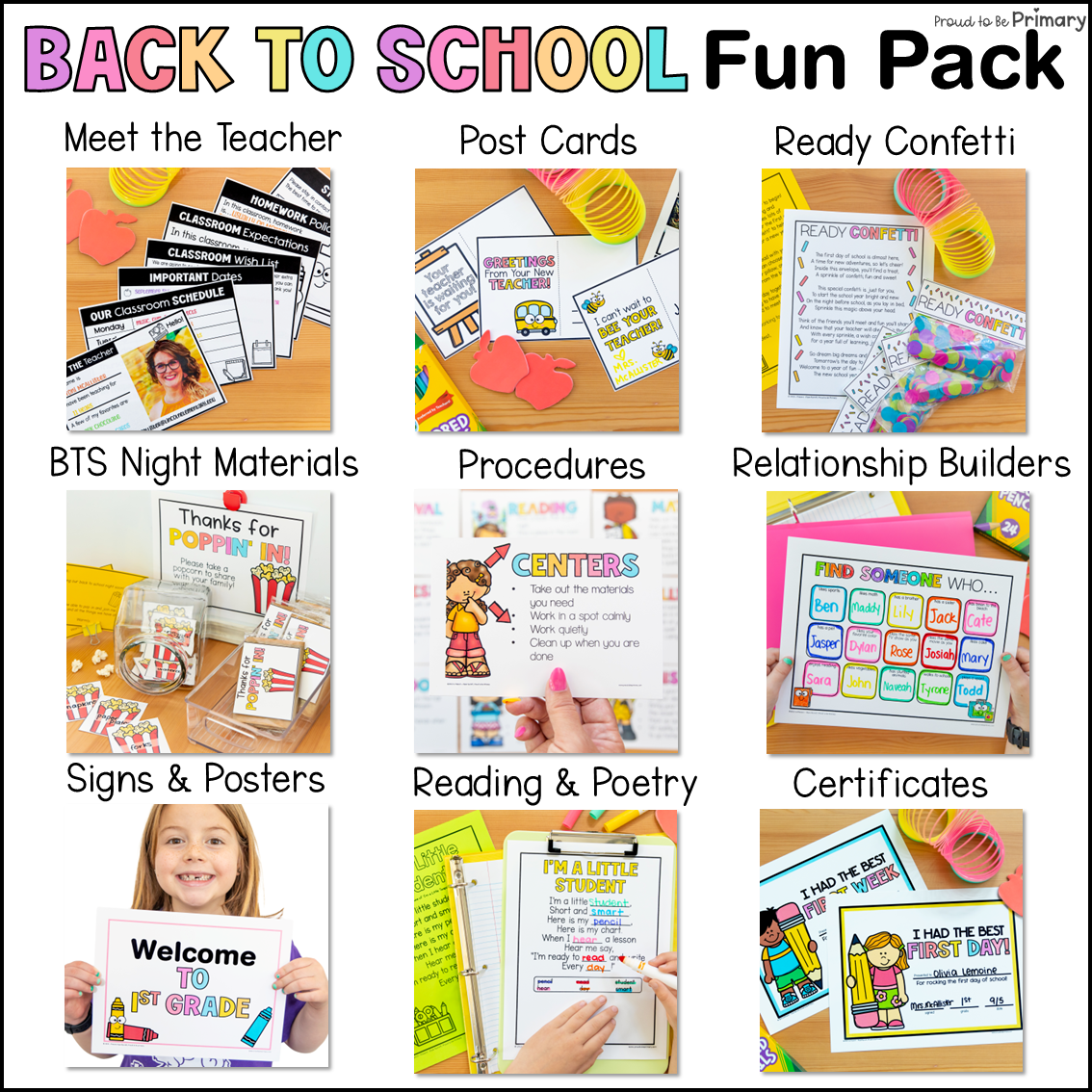 A 3x3 collage preview of a 'Back to School Fun Pack' containing various printable and physical classroom activity materials such as teacher meet cards, post cards, confetti, signs, procedures, relationship builders, and certificates. The top header reads 'BACK TO SCHOOL Fun Pack' with a 'Proudly to Primary' logo in the upper right.
