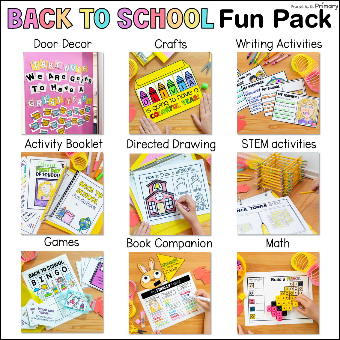 A collage titled 'BACK TO SCHOOL Fun Pack' showing multiple colorful educational activity pages and materials organized in labeled panels: Door Decor, Crafts, Writing Activities, Activity Booklet, Directed Drawing, STEM activities, Games, Book Companion, and Math. Hands are visible in several panels, and the overall image is a promotional preview rather than a single clean product shot.