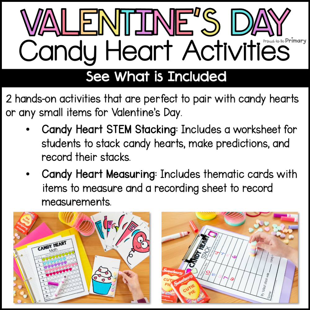 Valentine's Day Candy Heart Activities- Math STEM Experiment Conversation Hearts