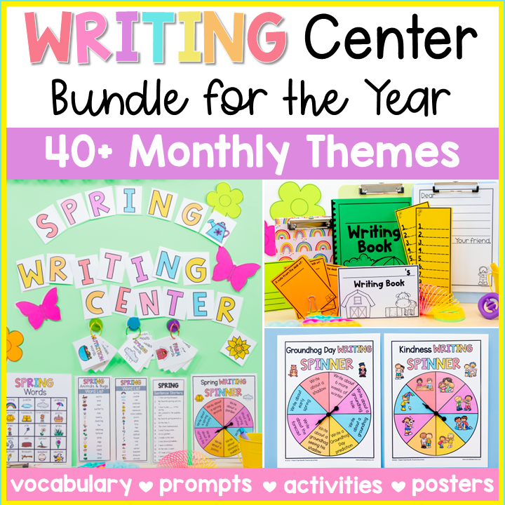 Writing Center Bundle - Writing Prompts, Activities, Poster - 40+ Monthly Themes