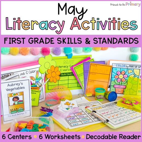 May 1st Grade Diphthong, Vowel Teams, Syllables Literacy Centers & Worksheets