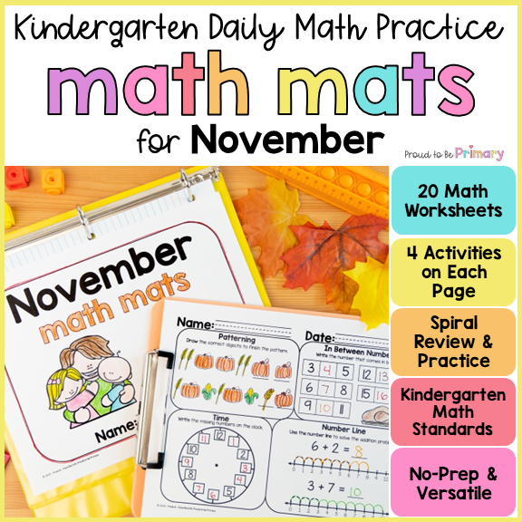November Kindergarten Math Spiral Review Worksheets for Fall