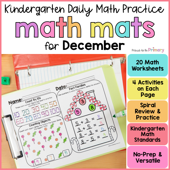 December Math Spiral Review Worksheets for Kindergarten