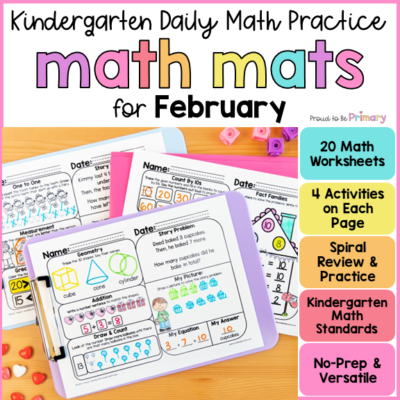 February Math Spiral Review Worksheets for Kindergarten