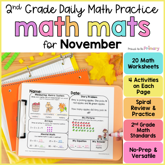 November Math Spiral Review Worksheets for 2nd Grade