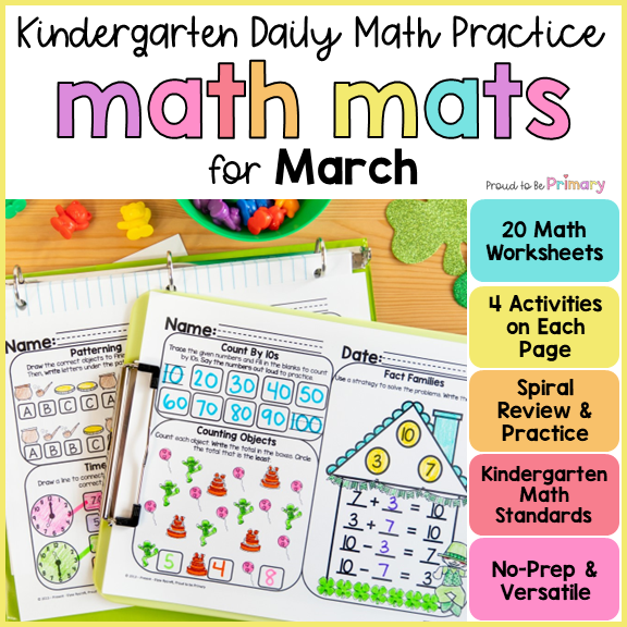 March Math Spiral Review Worksheets for Kindergarten