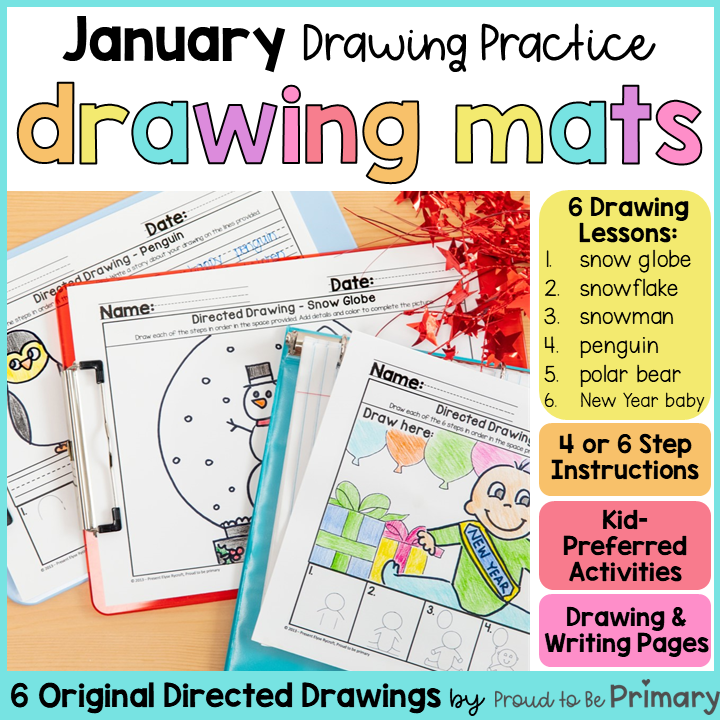 Winter Directed Drawings for January - how to draw a snowman, snowflake, polar bear, penguin