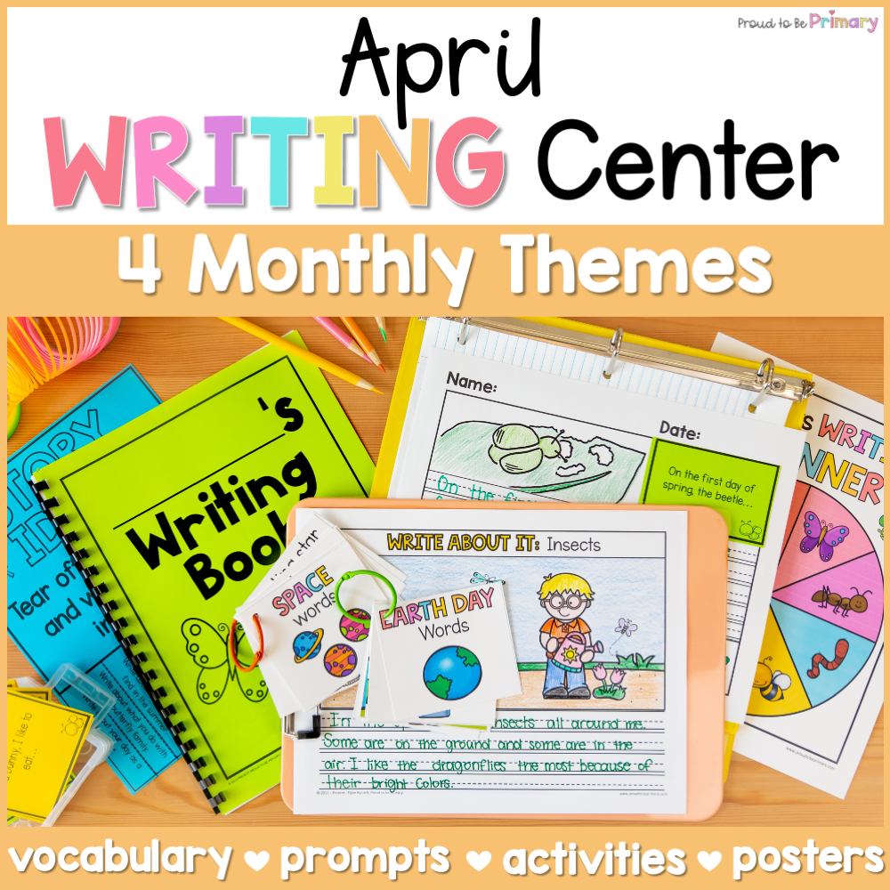 Spring Writing Center Prompts, Activities, Posters- Earth Day, Insects, Space