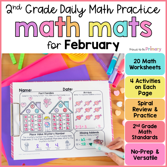 February Math Spiral Review Worksheets for 2nd Grade