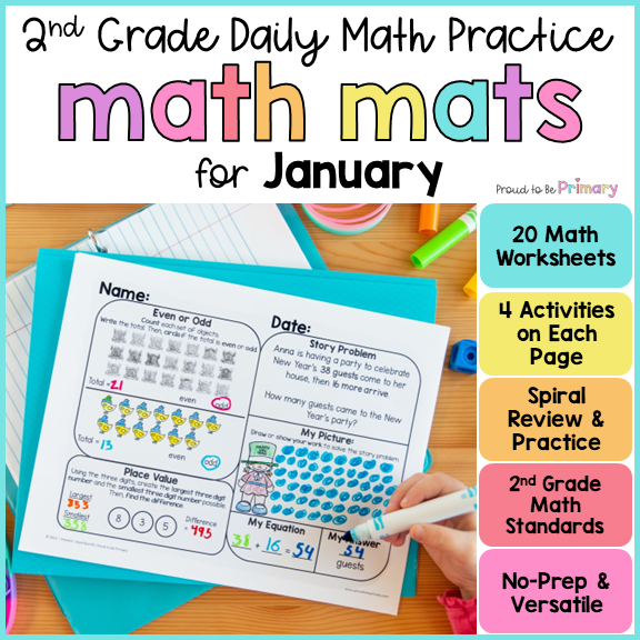 January Math Spiral Review Worksheets for 2nd Grade