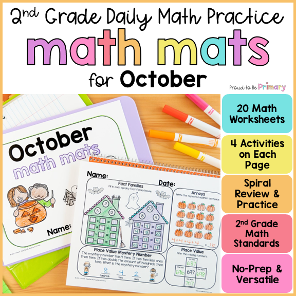 October Math Spiral Review Worksheets for 2nd Grade