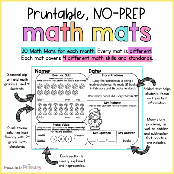 March Math Spiral Review Worksheets for 2nd Grade