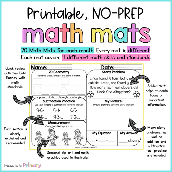 March Math Review Worksheets for First Grade