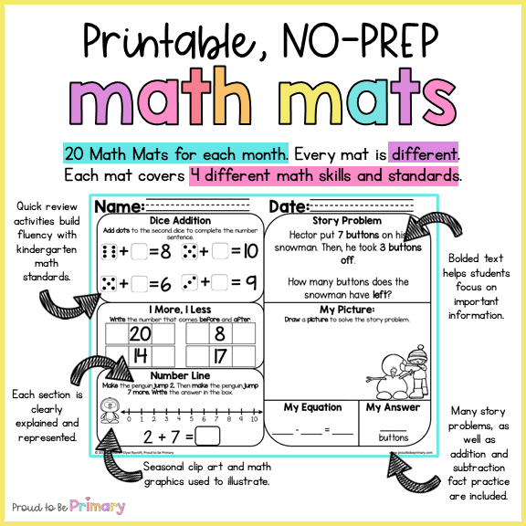 January Math Spiral Review Worksheets for Kindergarten