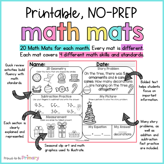 December Math Review Worksheets for First Grade