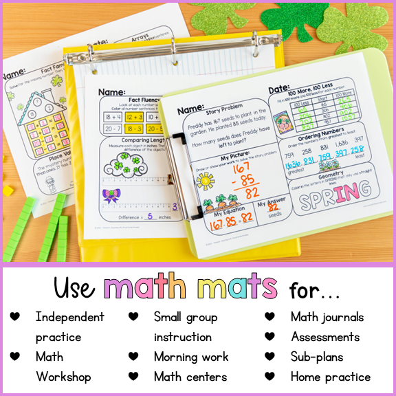 March Math Spiral Review Worksheets for 2nd Grade