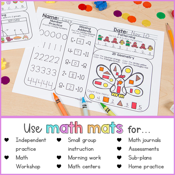 November Math Review Worksheets for First Grade