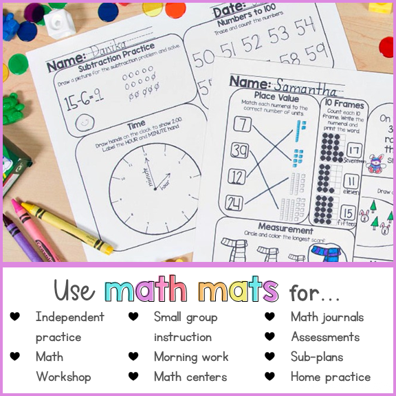 January Math Review Worksheets for First Grade