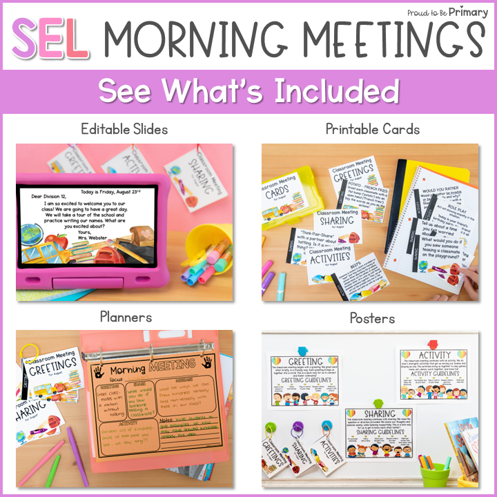 Morning Meeting Social-Emotional Learning Slides + Cards Bundle