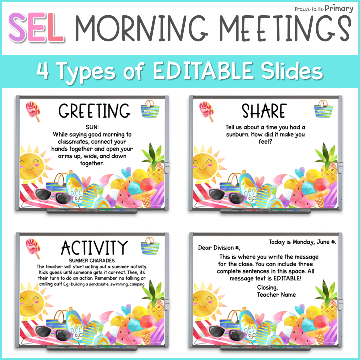June End of the Year SEL Morning Meeting Slides Activities, Questions, Greetings