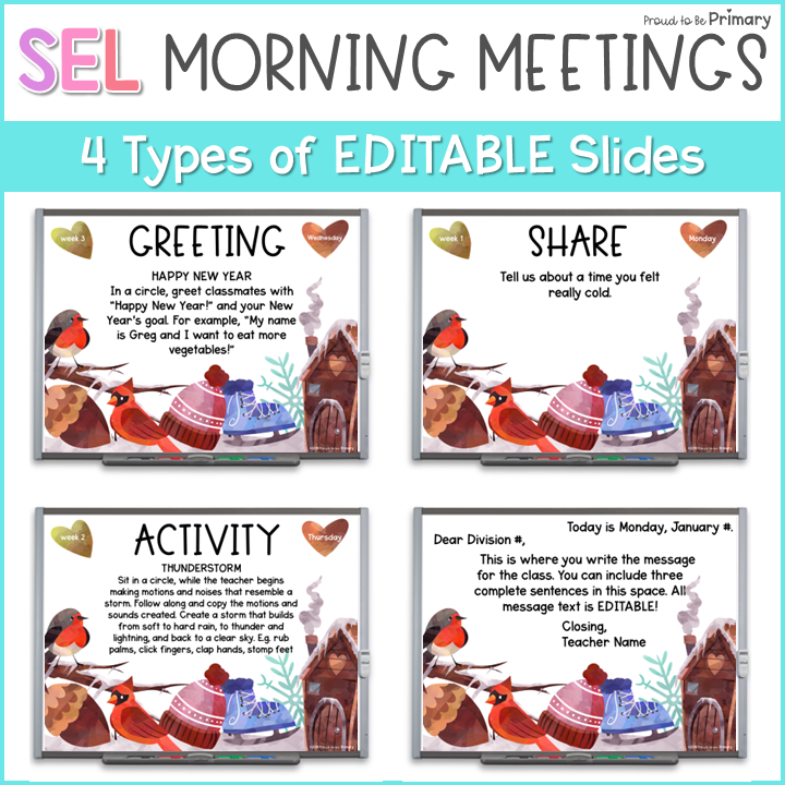 Morning Meeting Slides, Cards, Posters for January
