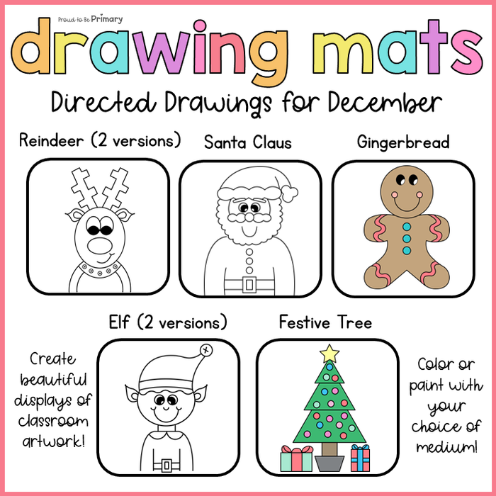 Christmas Directed Drawing -Reindeer Elf Gingerbread Santa Claus Tree