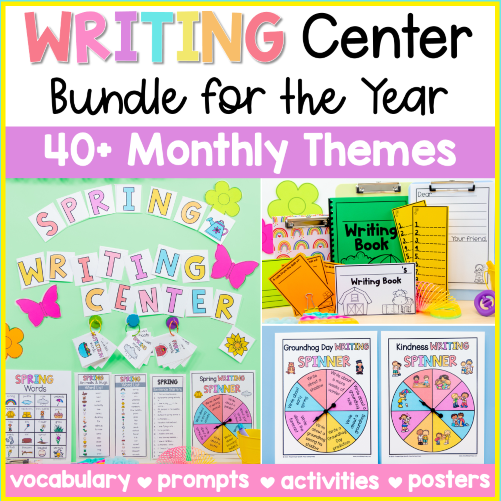 Writing Center Bundle - Writing Prompts, Activities, Poster - 40+ Monthly Themes