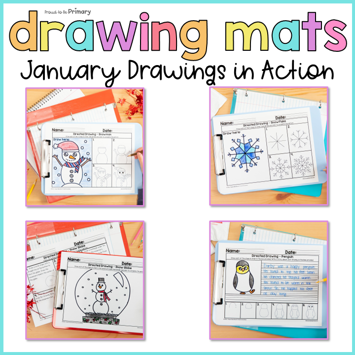 Winter Directed Drawings for January | how to draw a snowman, snowflake, polar bear, penguin