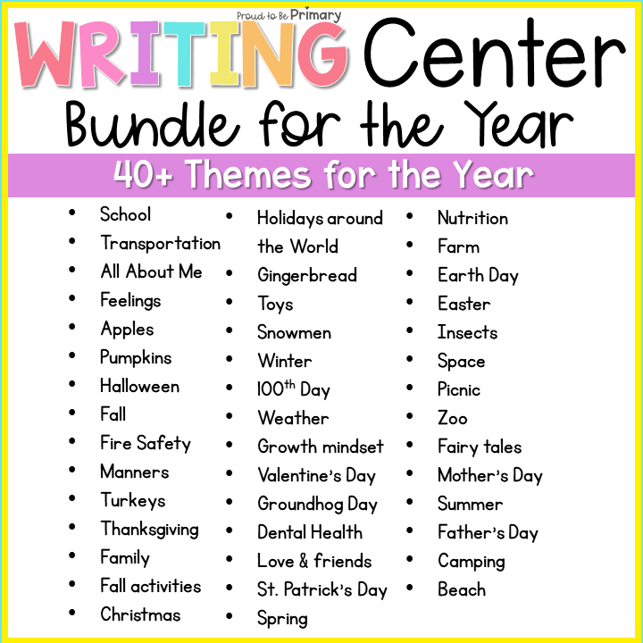 Writing Center Bundle - Writing Prompts, Activities, Poster - 40+ Monthly Themes